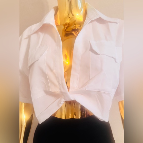 Micas Trendy White Crop Shirt Button-Up Collared Short Sleeve, NWT - Picture 5 of 10